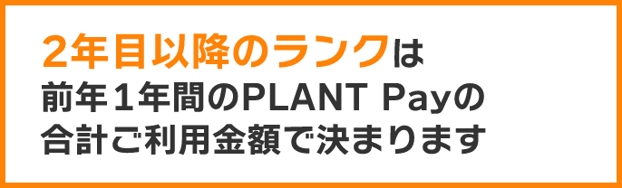 2年目以降のランクは前年1年間のPLANT Payの合計ご利用金額で決まります