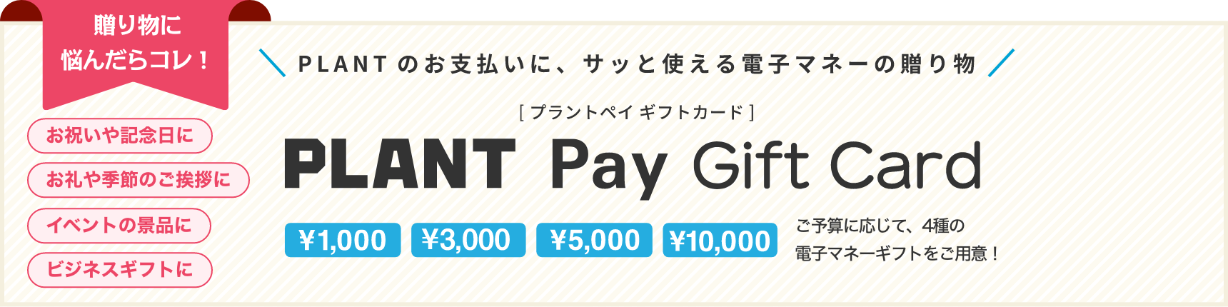 PLANTのお支払いに、サッと使える電子マネーの贈り物　PLANT Pay Gift Card